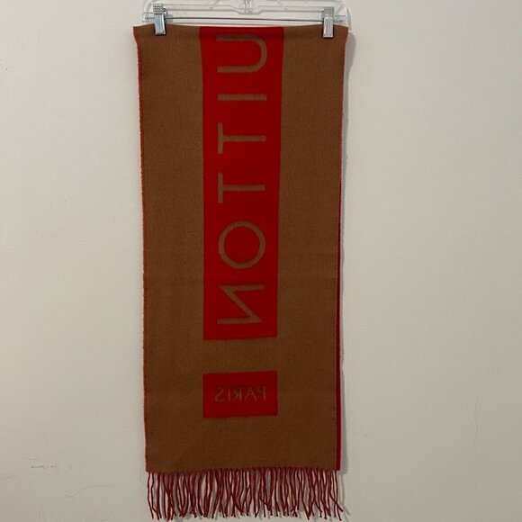 LOUIS VUITTON Oversized Logo Scarf Cashmere Camel Red Mint Condition - Picture 4 of 10